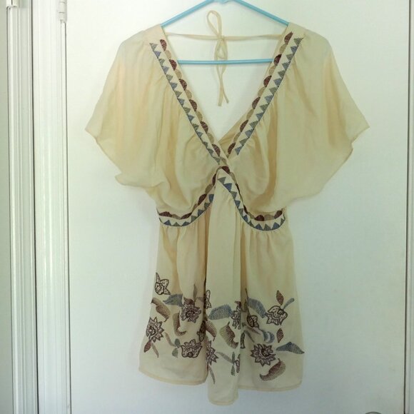 boho silky flowy embroidered cream deep v-neck top Aus size 12 (US size 8) - Picture 1 of 6